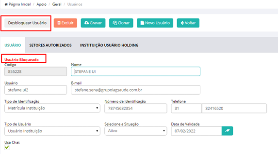 Botão de desbloqueio de usuário