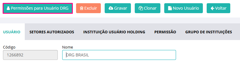 Botão permissões para usuário DRG