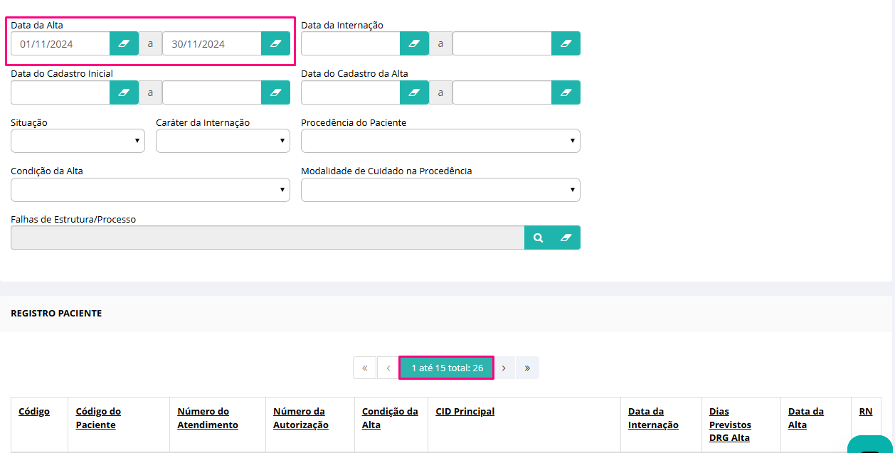 Consulta de altas codificadas na tela de produção