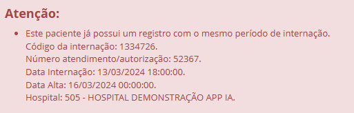 Alerta de duplicidade de registro de internação