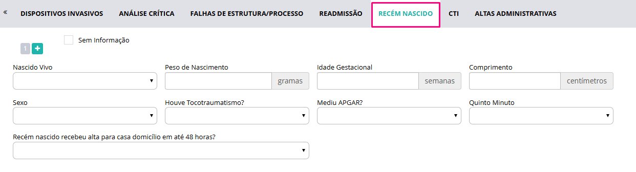 Tela da aba Recém-Nascido no registro do próprio bebê