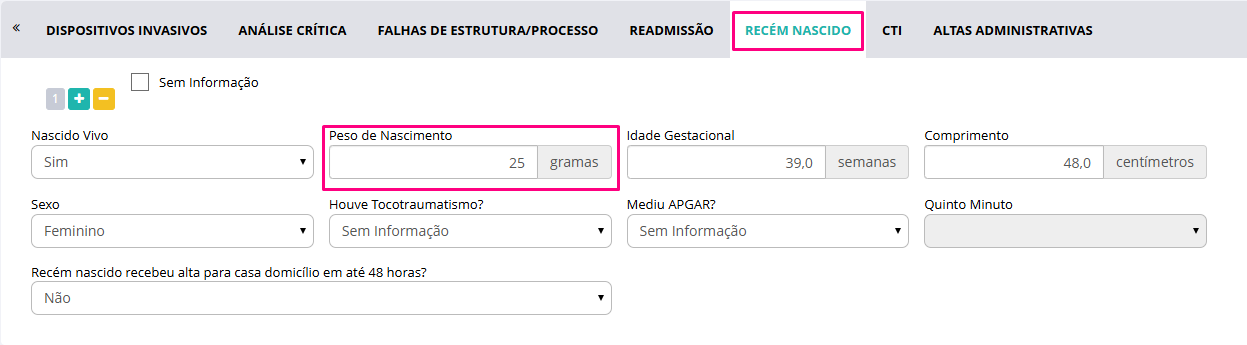 Tela de edição do peso do RN manualmente