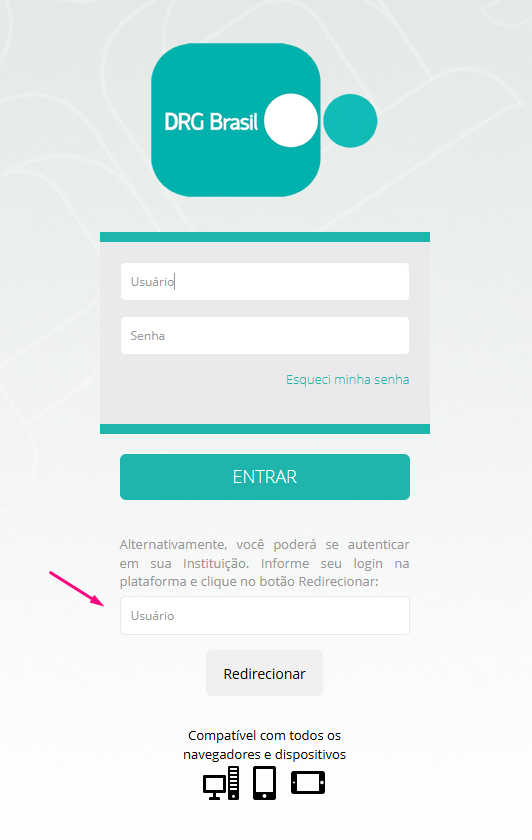 Tela de login com campo de usuário SSO e botão Redirecionar